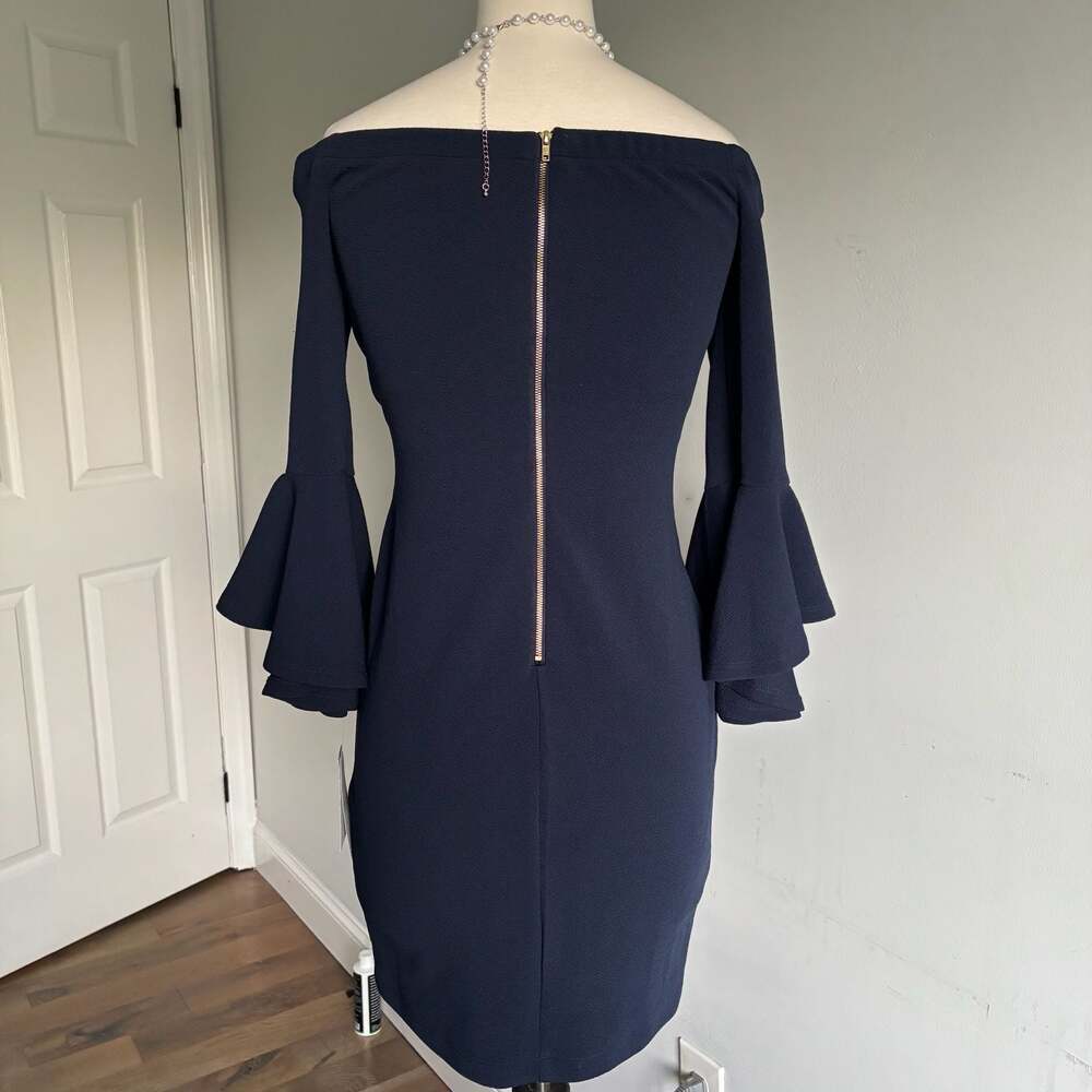Off-the-Shoulder Navy Blue Bell Sleeve Mini Dress Size 11/12 - Picture 5 of 16